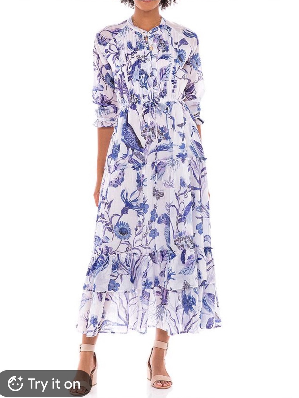 Banjanan Brenda Tiered Drawstring Maxi Dress Jubilee Blue White Cotton Small